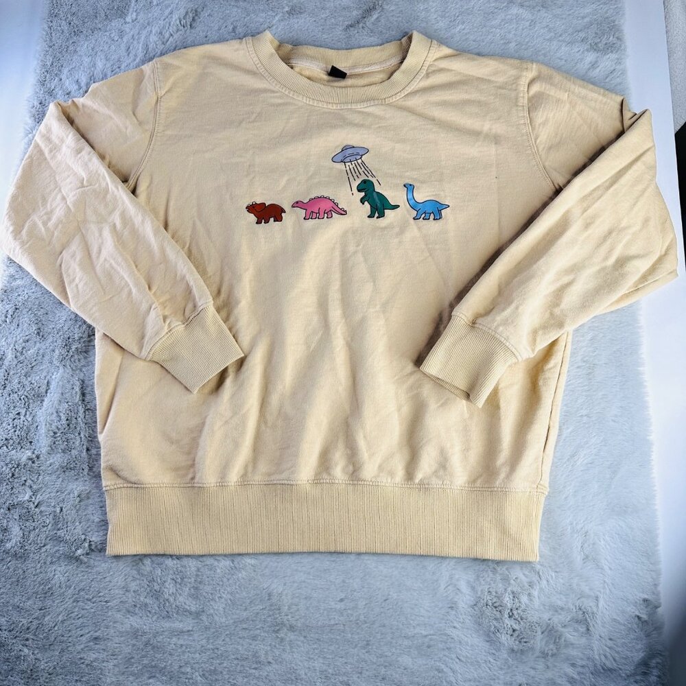 Vtg Romwe Sweatshirt Adult Medium Cartoon‎ Dinosaur Alien Abduction Crewneck